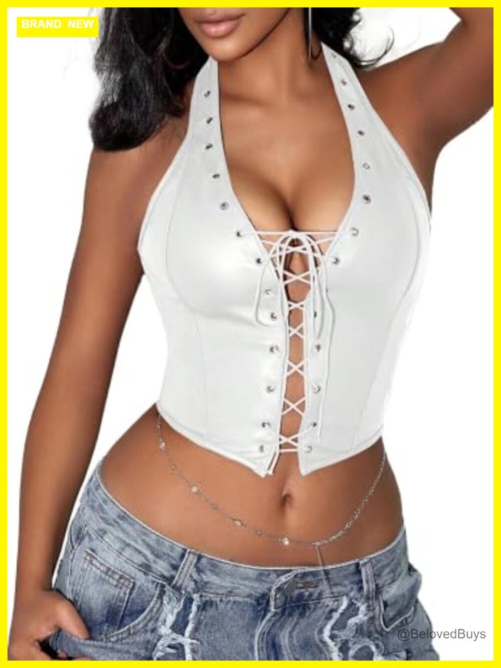 Faux Leather Halter Corset Top Lace Up Grommet Eyelet Backless Club Party